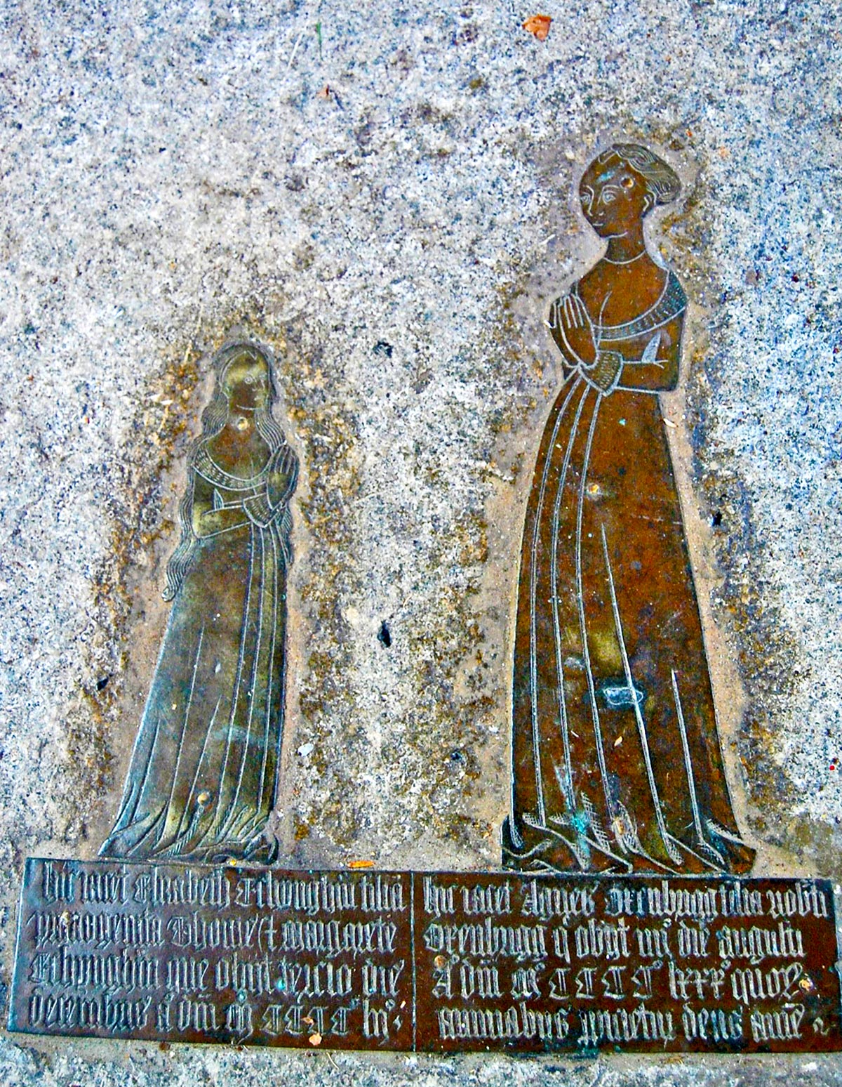 Elizabeth Etchingham and Agnes Oxenbrigg, brass in Etchingham Church, East Sussex
