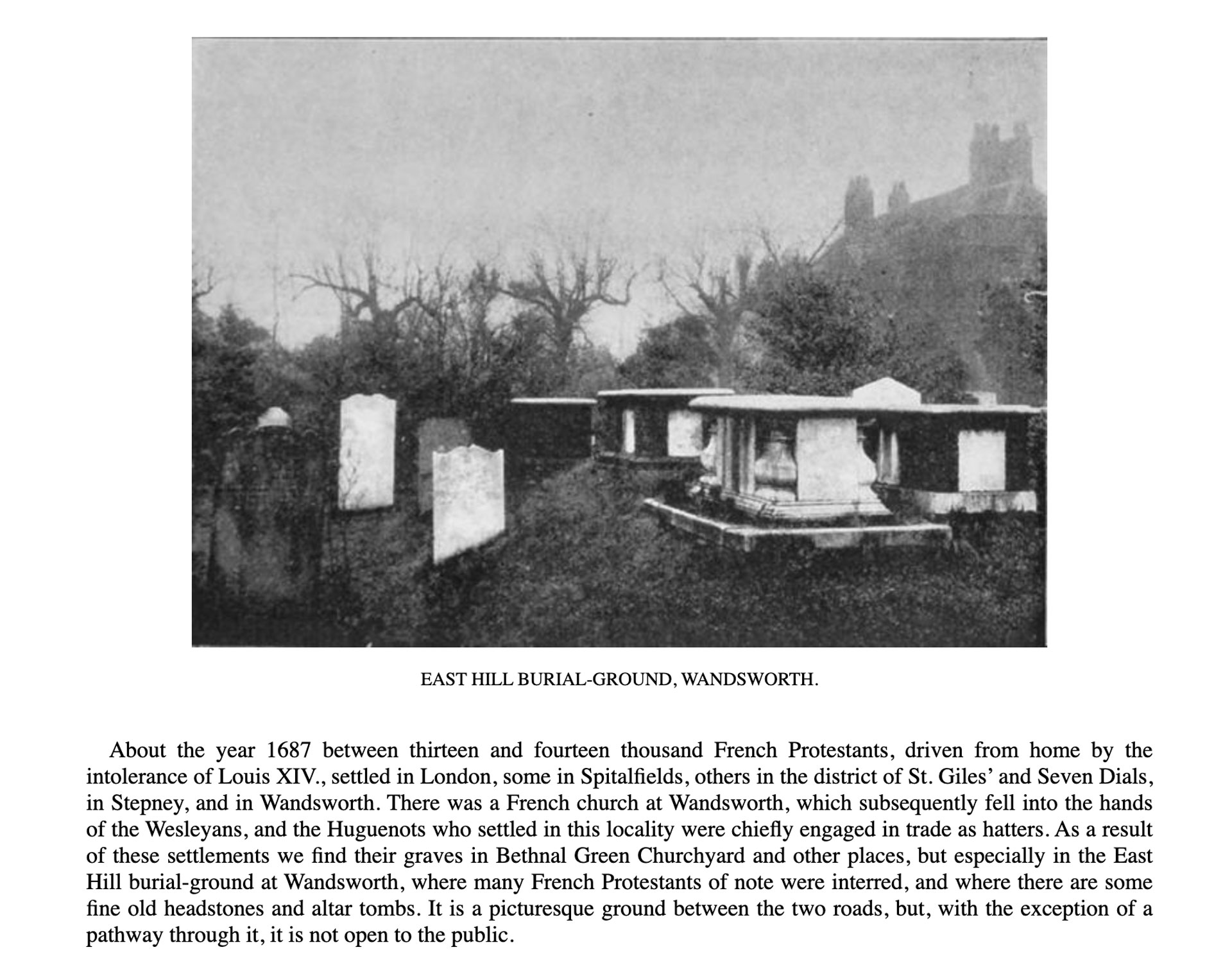 Huguenot Burial Ground, Mount Nod, illustrated in Isabella Holmes's The London Burial Grounds, 1896