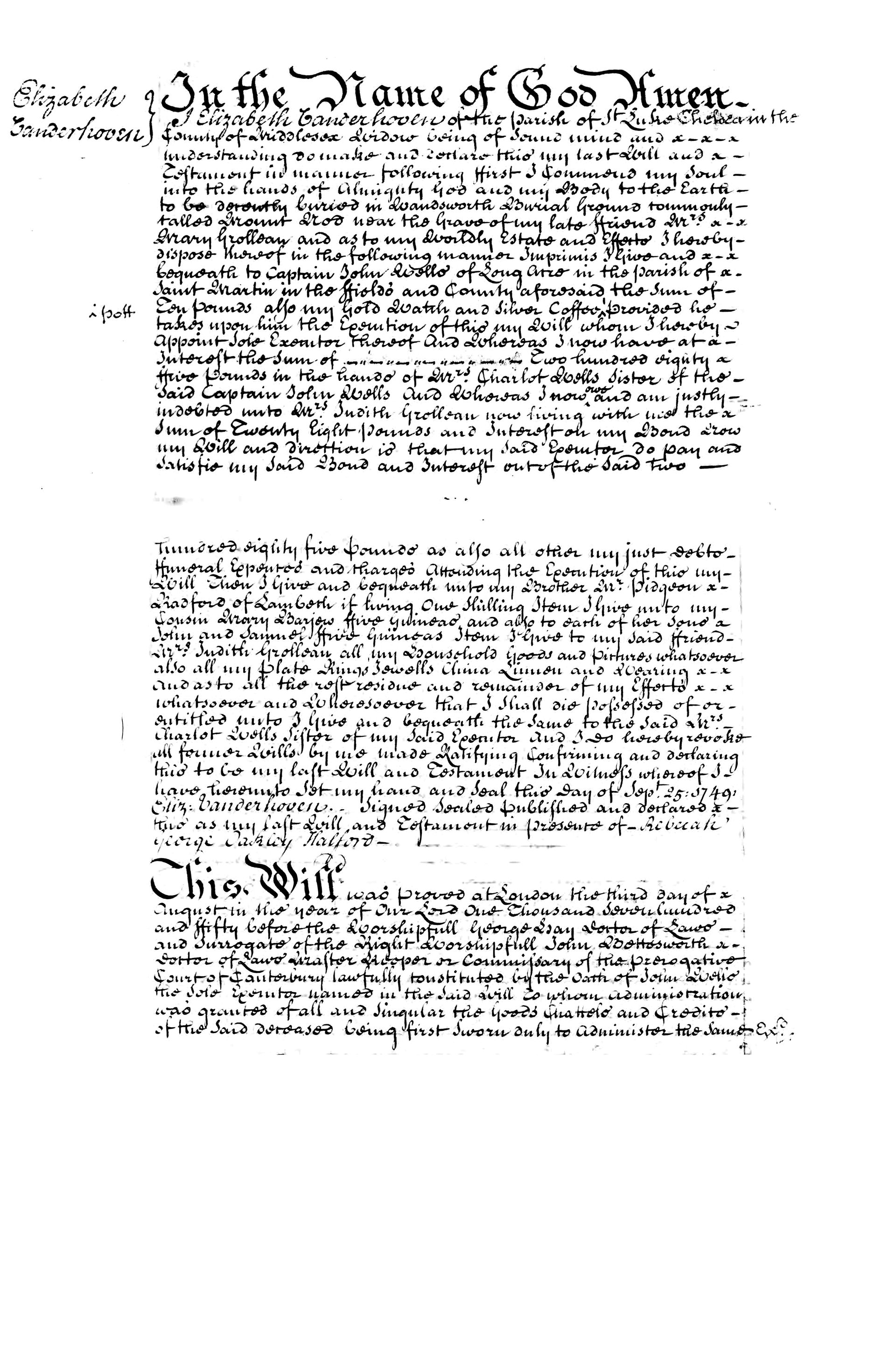 Will of Elizabeth Vanderhoven, signed 25 September 1749 and proved 3 August 1750 in the Prerogative Court of Canterbury
