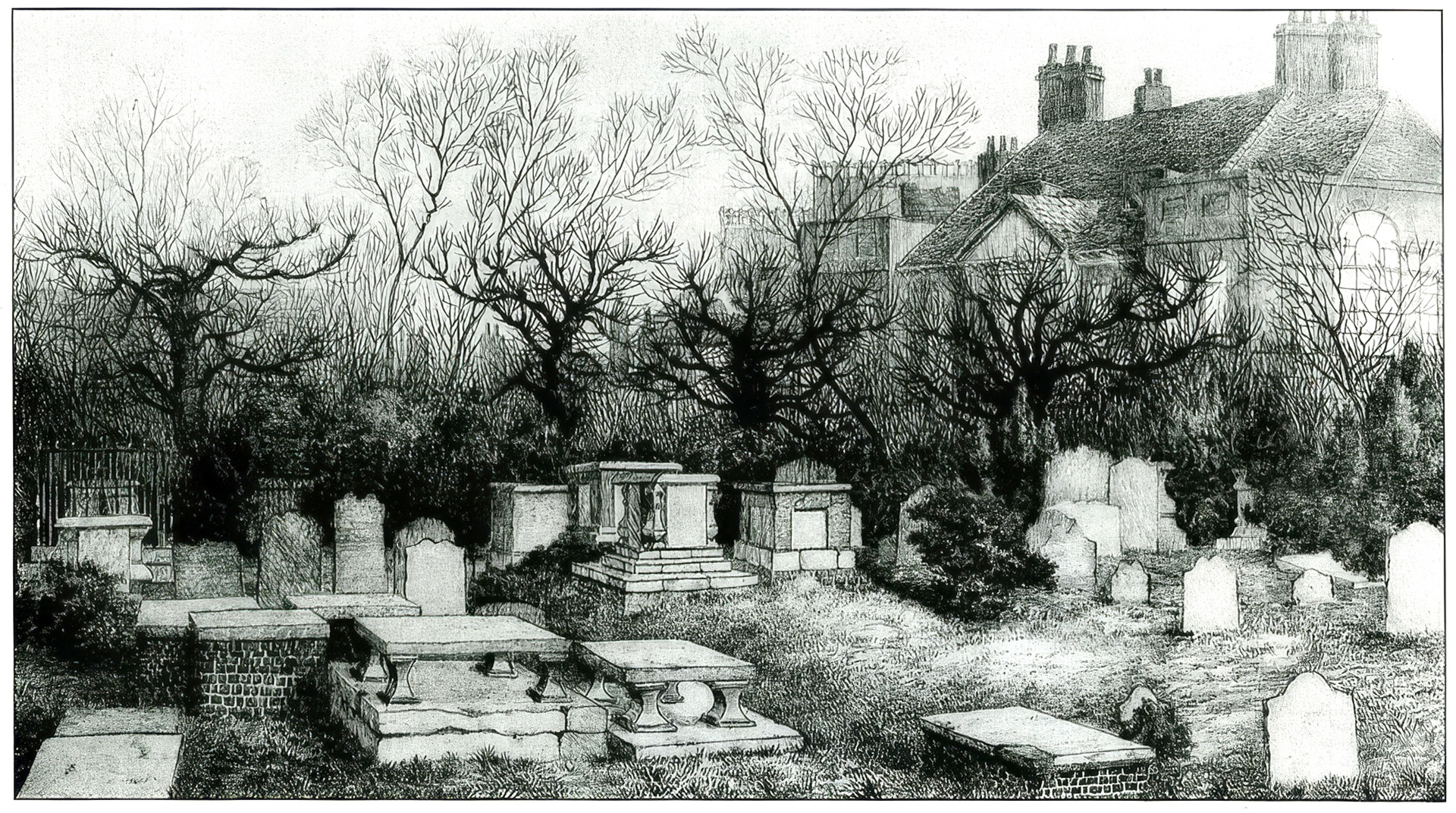 The Huguenot burial ground at Mount Nod, Wandsworth &mdash; possibly by Arthur Rackham, c.1885–88.