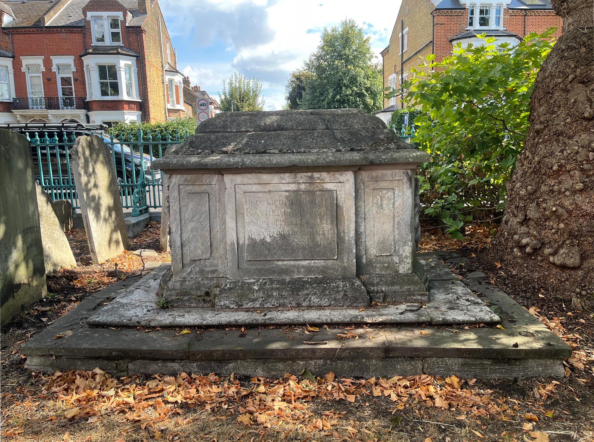 Table memorial to Peter Paggen, 1651-1720, and Katherine Davis, 1654-1724, after restoration
