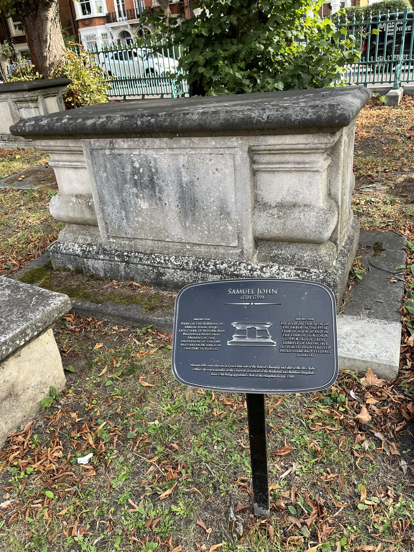 Table tomb of Samuel John, 1701-1759, with its memorial plaque