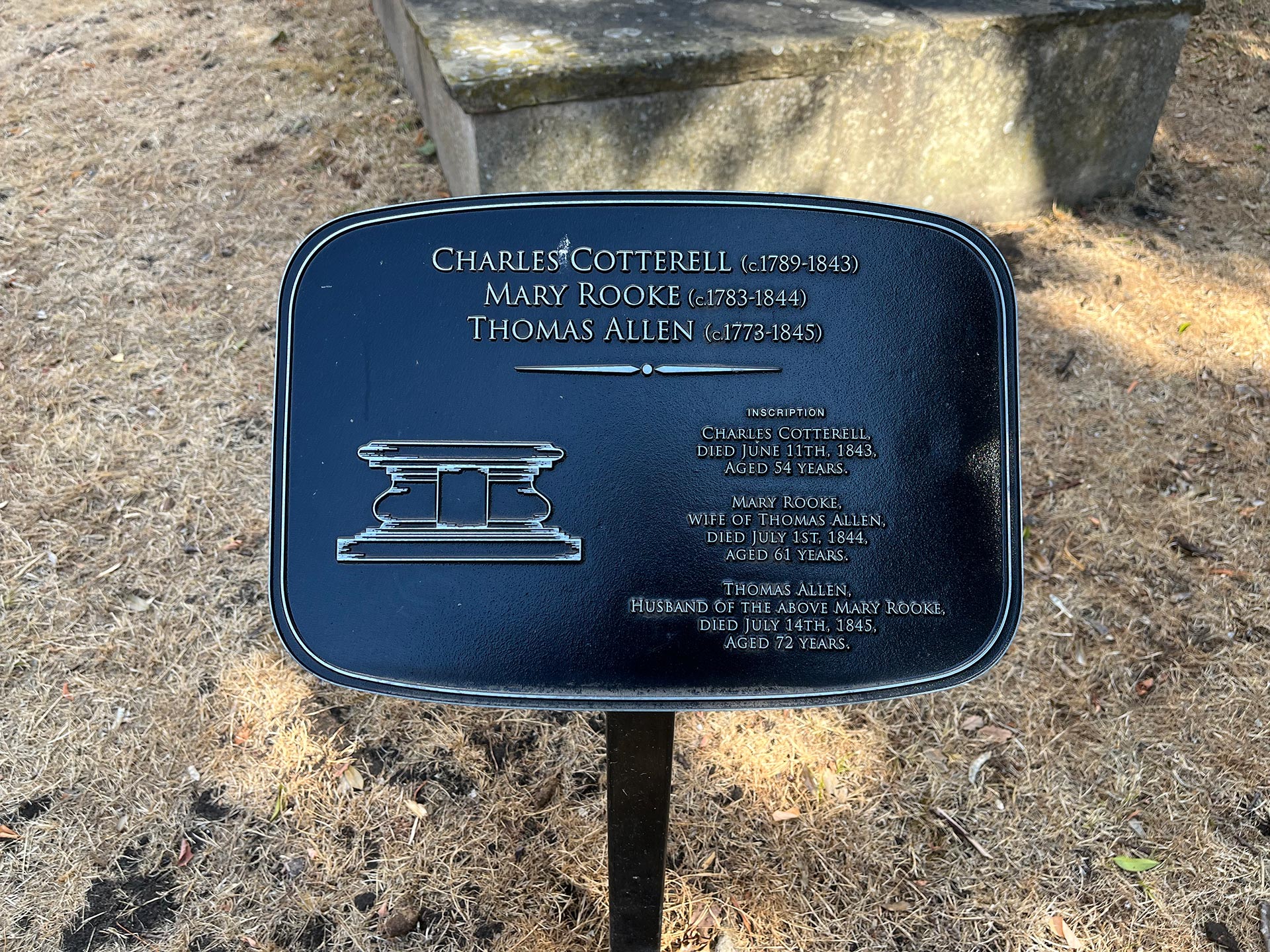 Memorial plaque: Charles Cotterell, c.1789-1843, Mary Rooke, c.1783-1844, and Thomas Allen, c.1773-1845