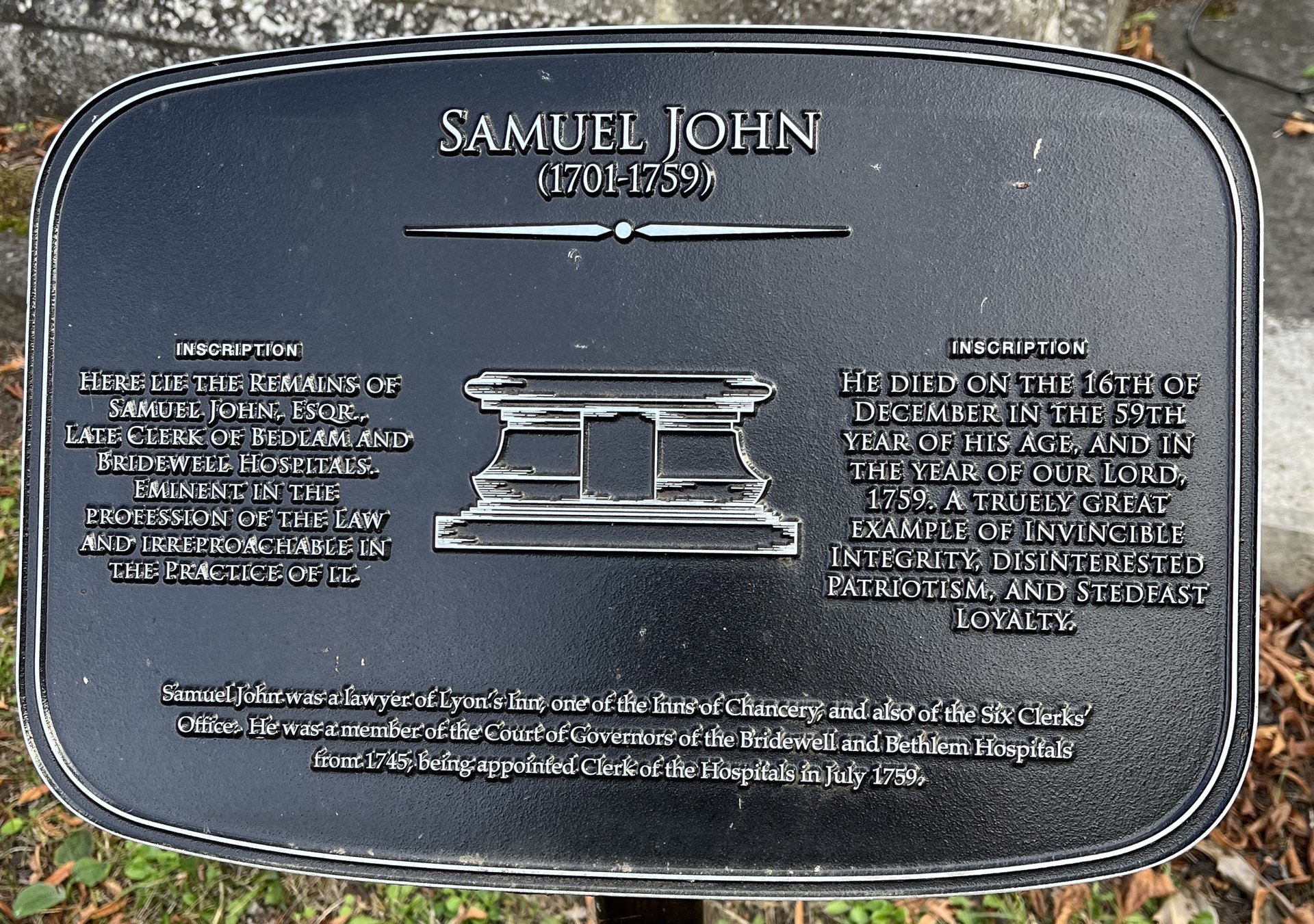 Memorial plaque: Samuel John, 1701-1759