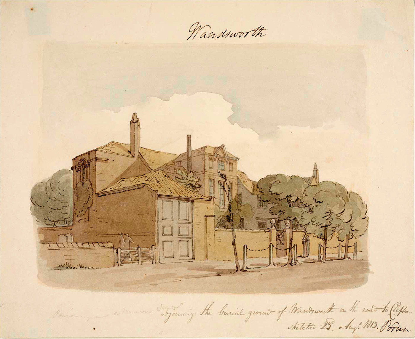 Charles Ferdinand Porden&rsquo;s 1813 sketch of the house adjoining the burial ground of Wandsworth, on the road to Clapham, next to Mount Nod.