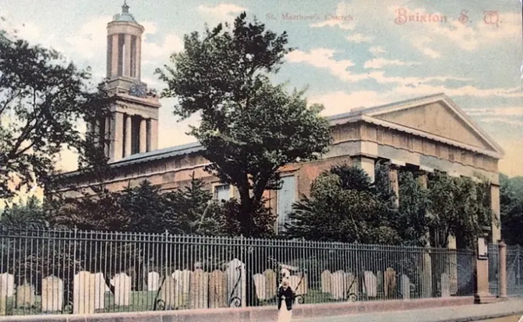 St Matthew&rsquo;s Church, Brixton, on a tinted postcard