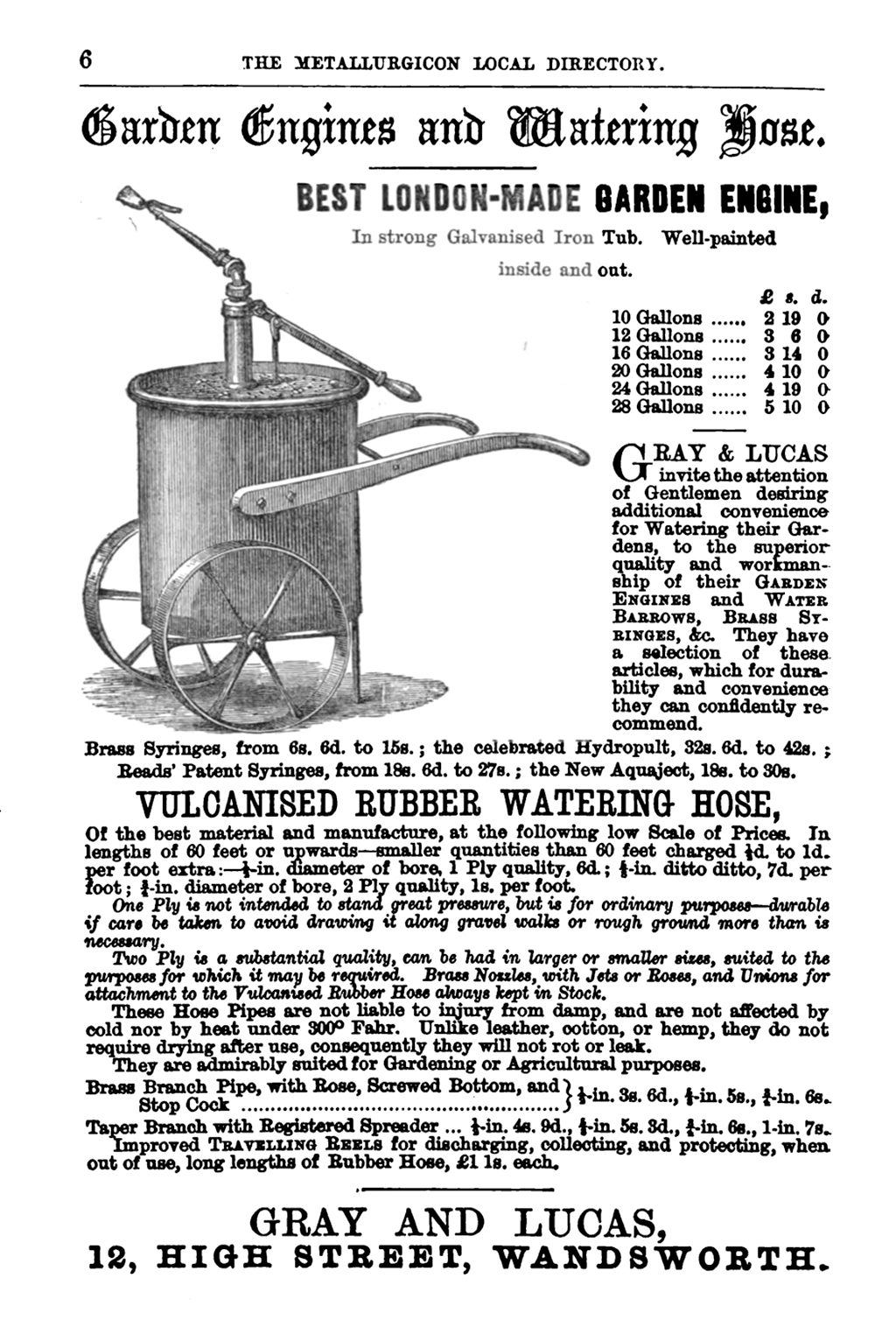 Victorian advertisement for Gray and Lucas garden engines and watering hose, 12 High Street, Wandsworth
