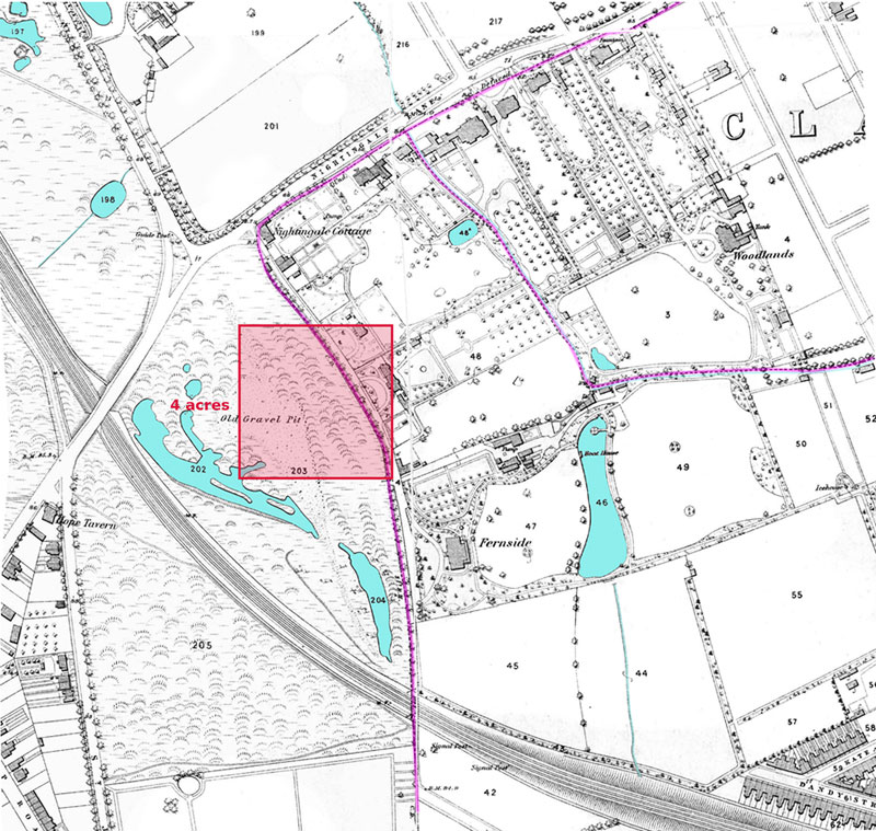 OS map of the 1860s showing a 4-acre square test-fitted against the plot next to Fernside, Wandsworth Common