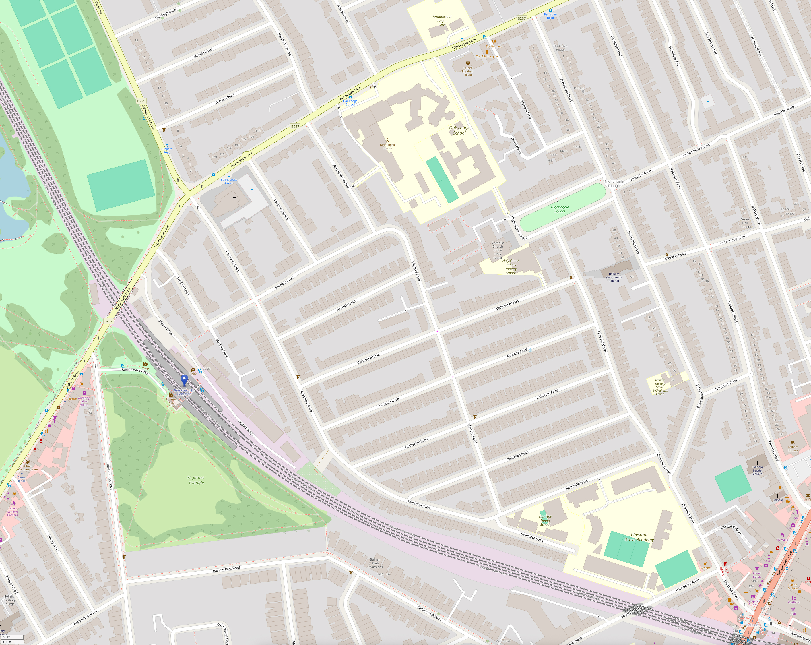 Modern OpenStreetMap of the Nightingale Houses area, Wandsworth Common