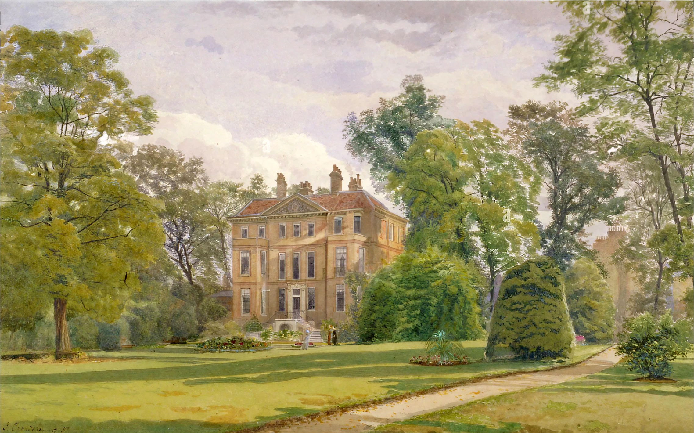 John Crowther, watercolour of the garden front of Wandsworth Manor House, 1887