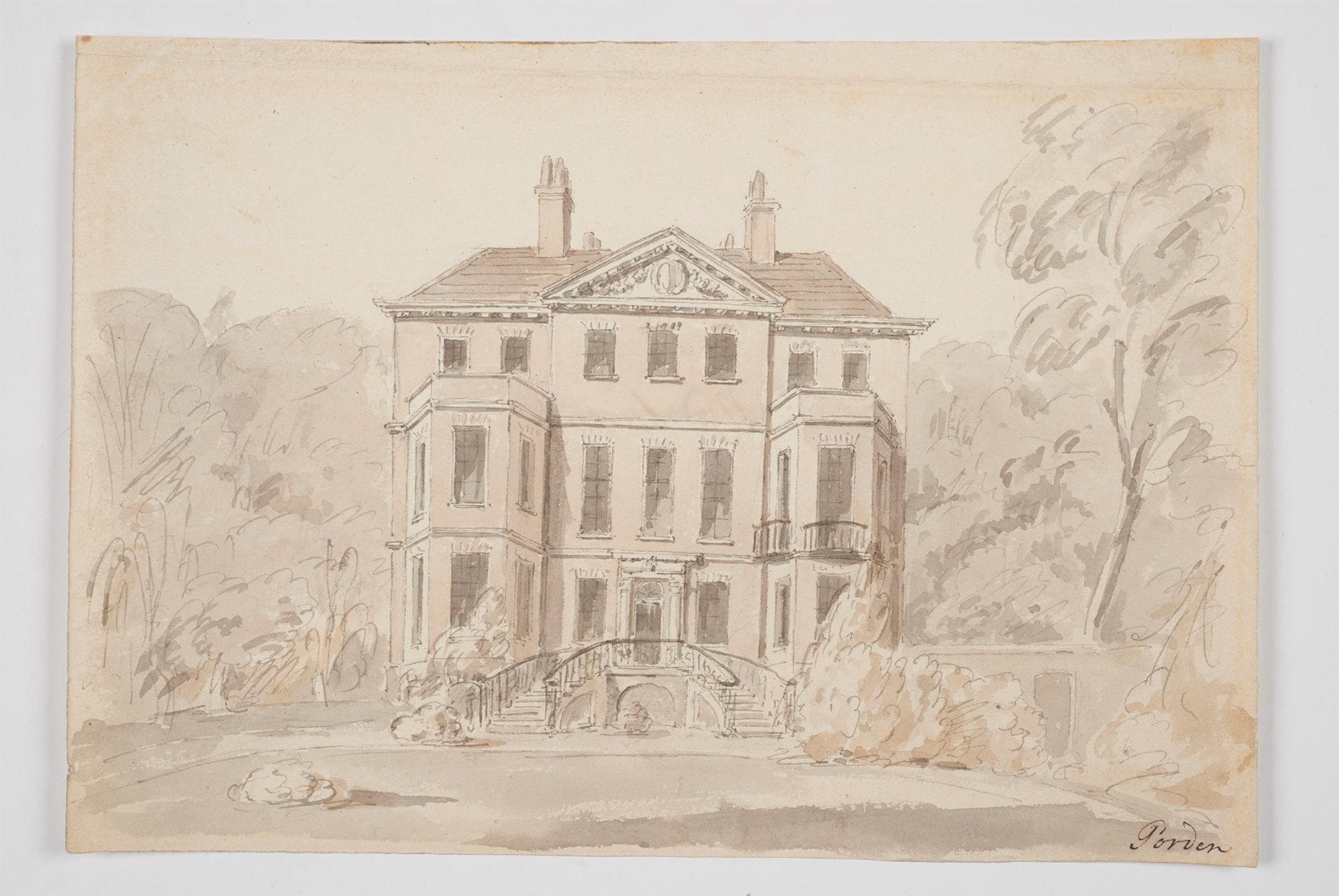 Charles Porden, pen and ink wash image of the garden view of 