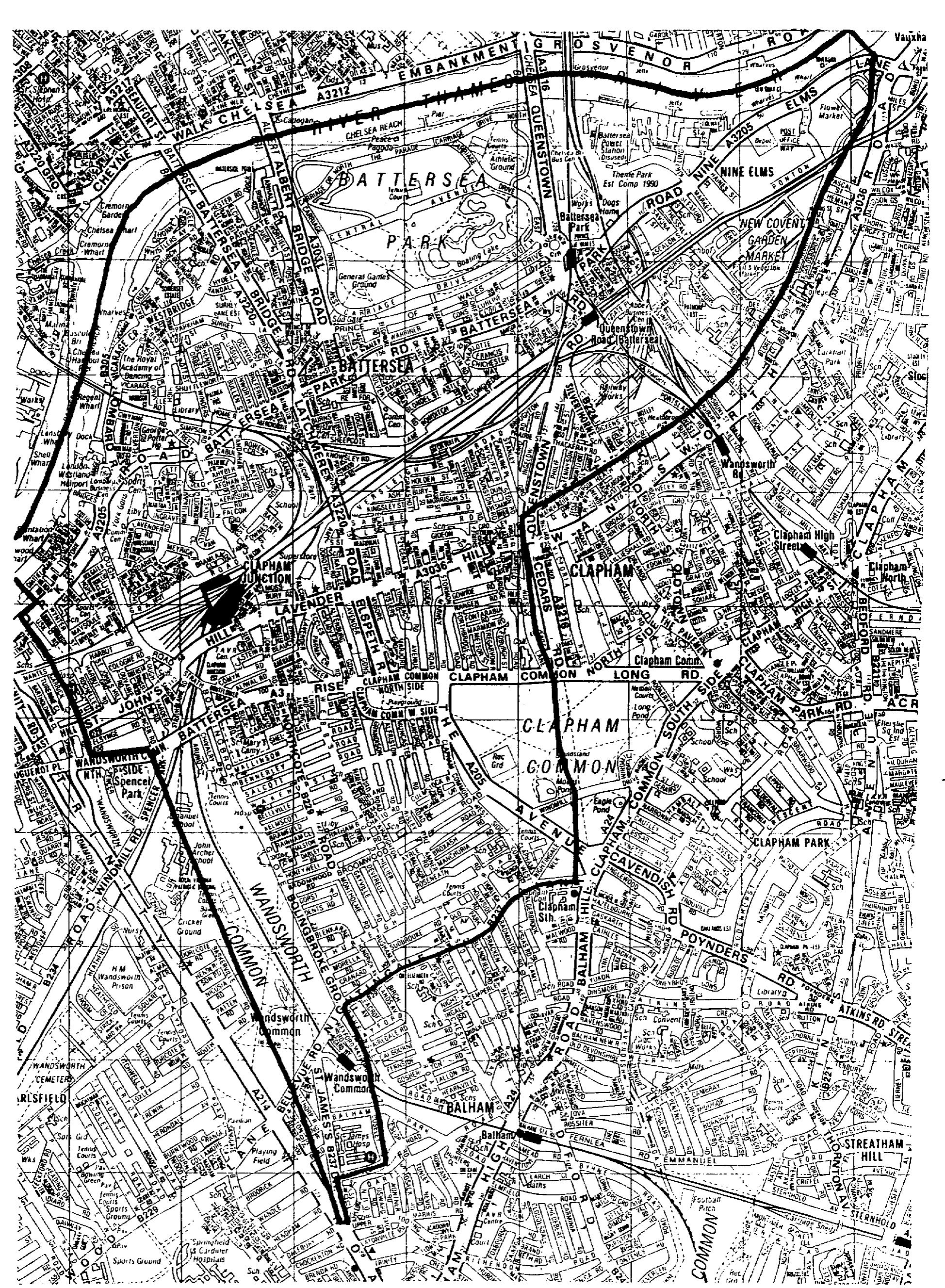 Battersea: General Street Plan c.1990, with the boundary of the parish