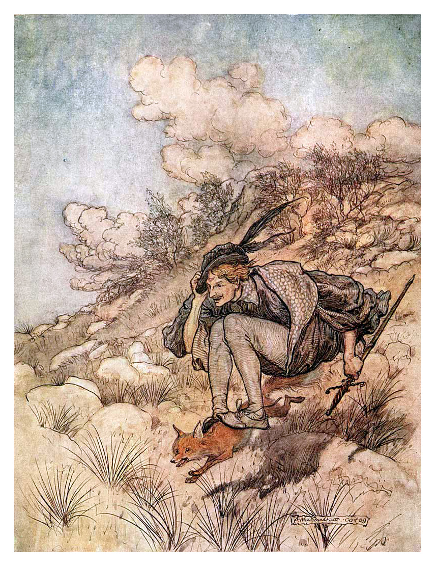 Arthur Rackham illustration: a boy rides a fox