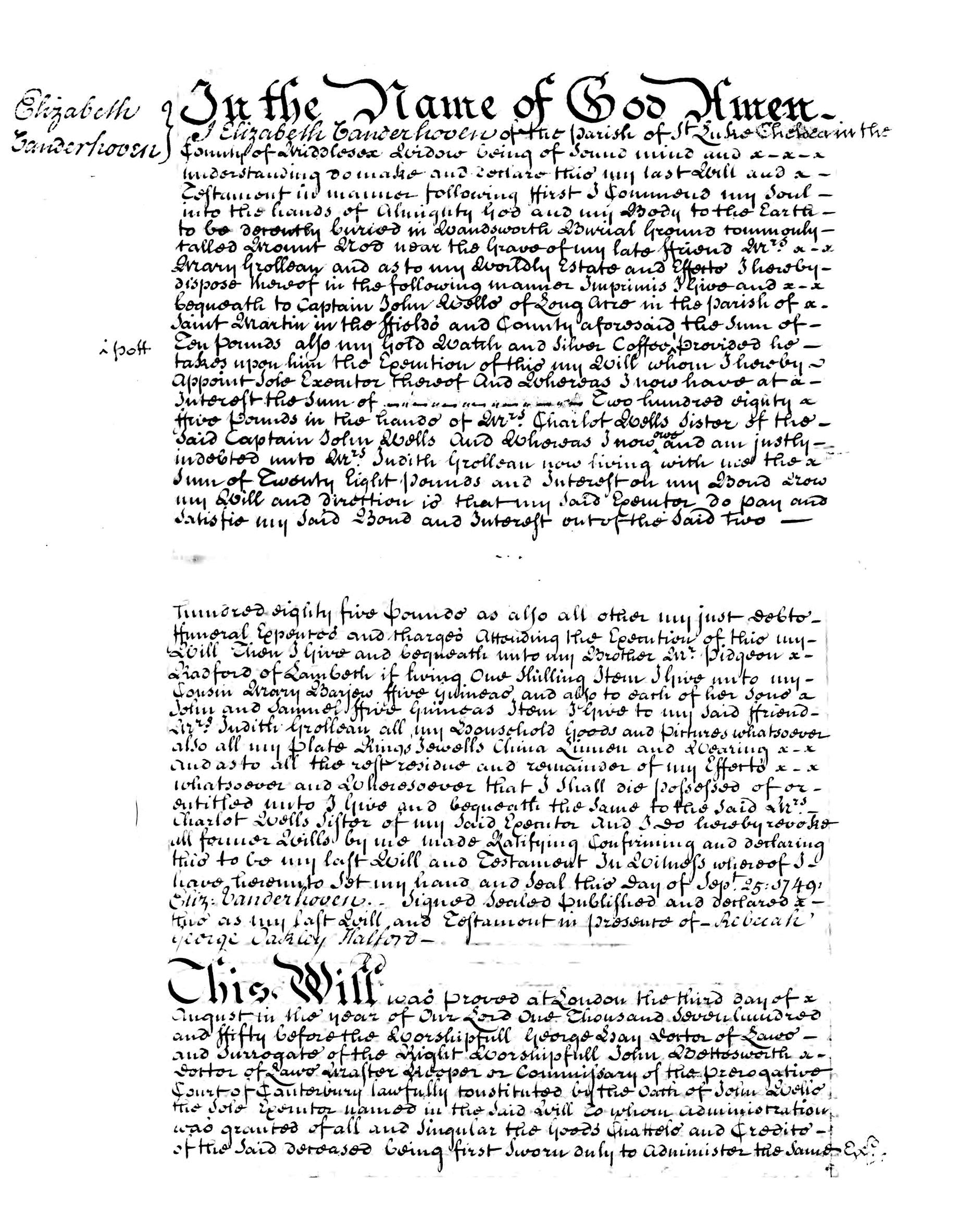 Register copy of the will of Elizabeth Vanderhoven, 1749