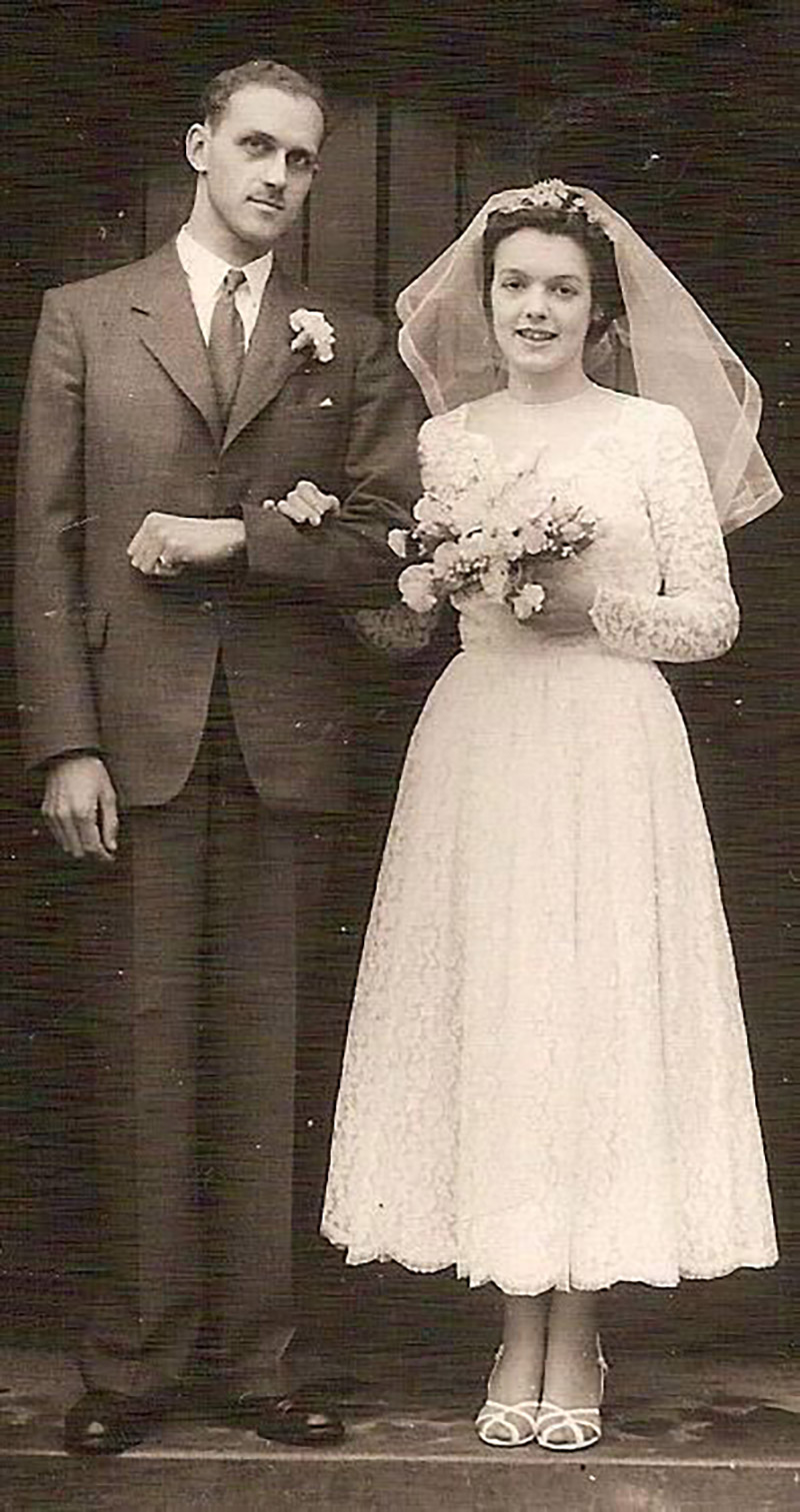 Janet Betterton and David Paul on their wedding day at St Mary Magdalene Church, Wandsworth, 1954