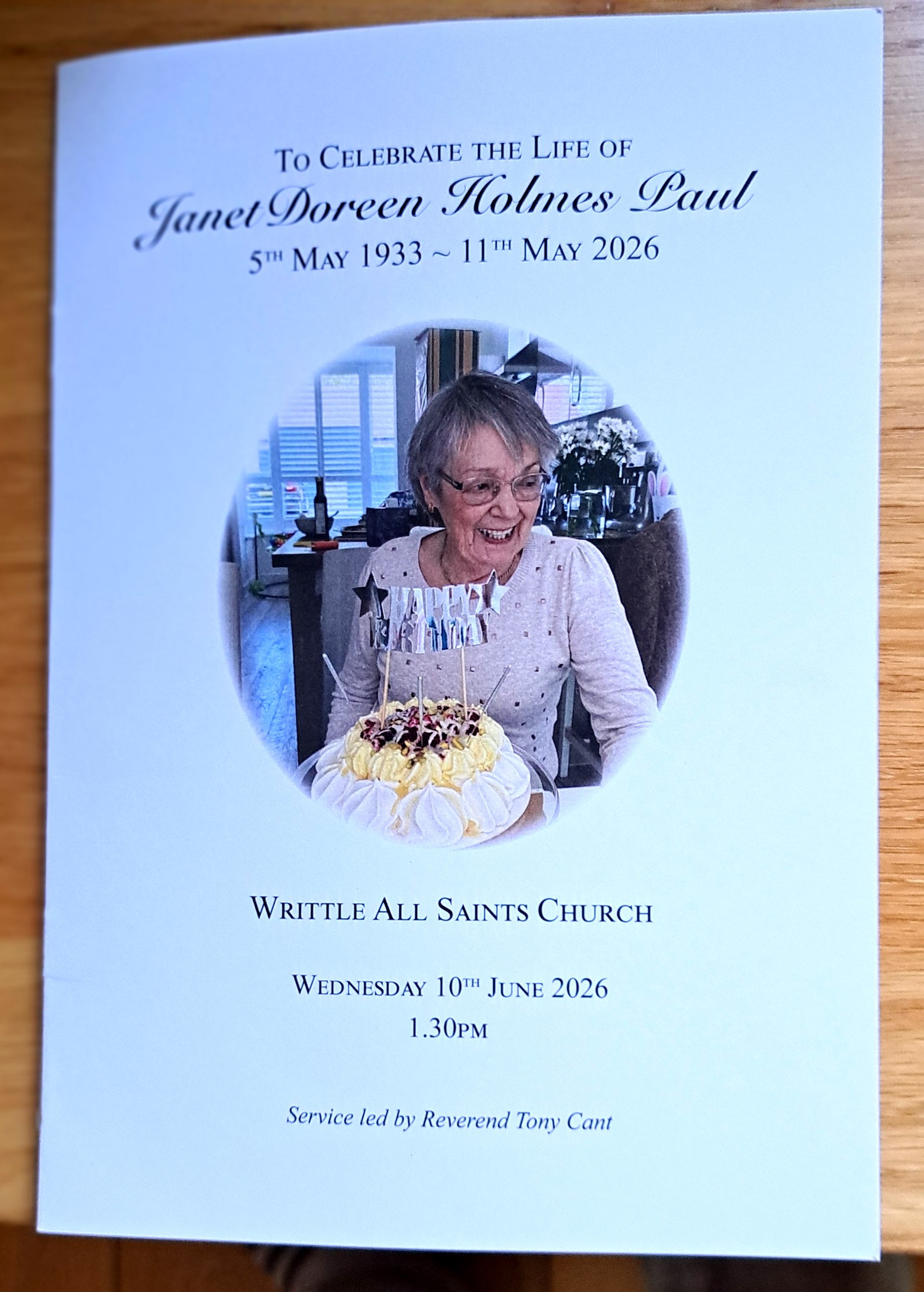 Order of service for the funeral of Janet Doreen Holmes Paul, 1933–2026, Writtle All Saints Church