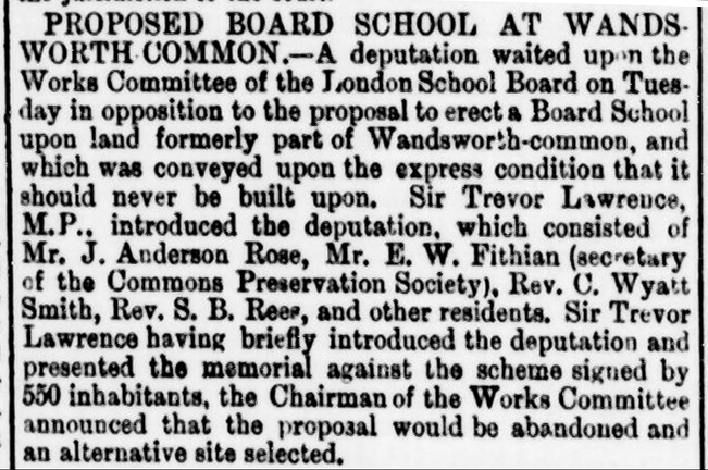 Proposed Board School at Wandsworth Common. Epsom Journal, 5 February 1884