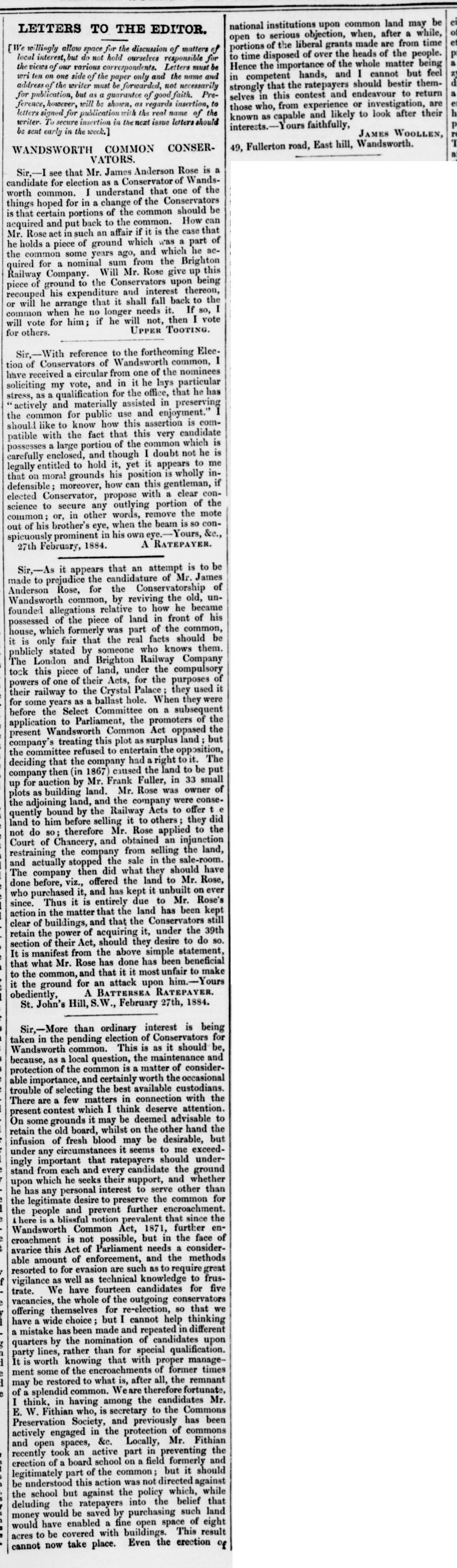 Letters to the Editor: Wandsworth Common Conservators. Mid-Surrey Gazette, 1 March 1884