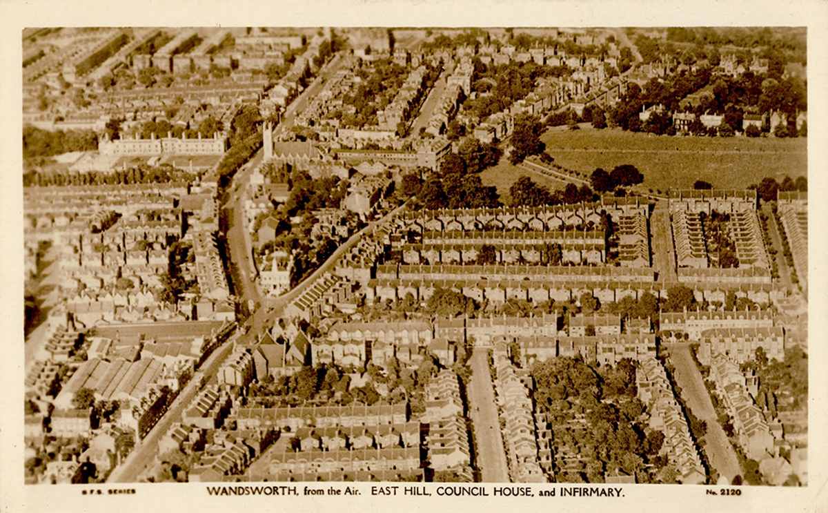Aerial view of Wandsworth from the air, showing East Hill, Council House and Infirmary. Elam Collection.