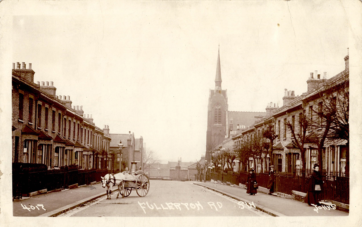 Fullerton Road, Wandsworth, with St John's Church visible at the end, c.1910. Johns series. Elam Collection.