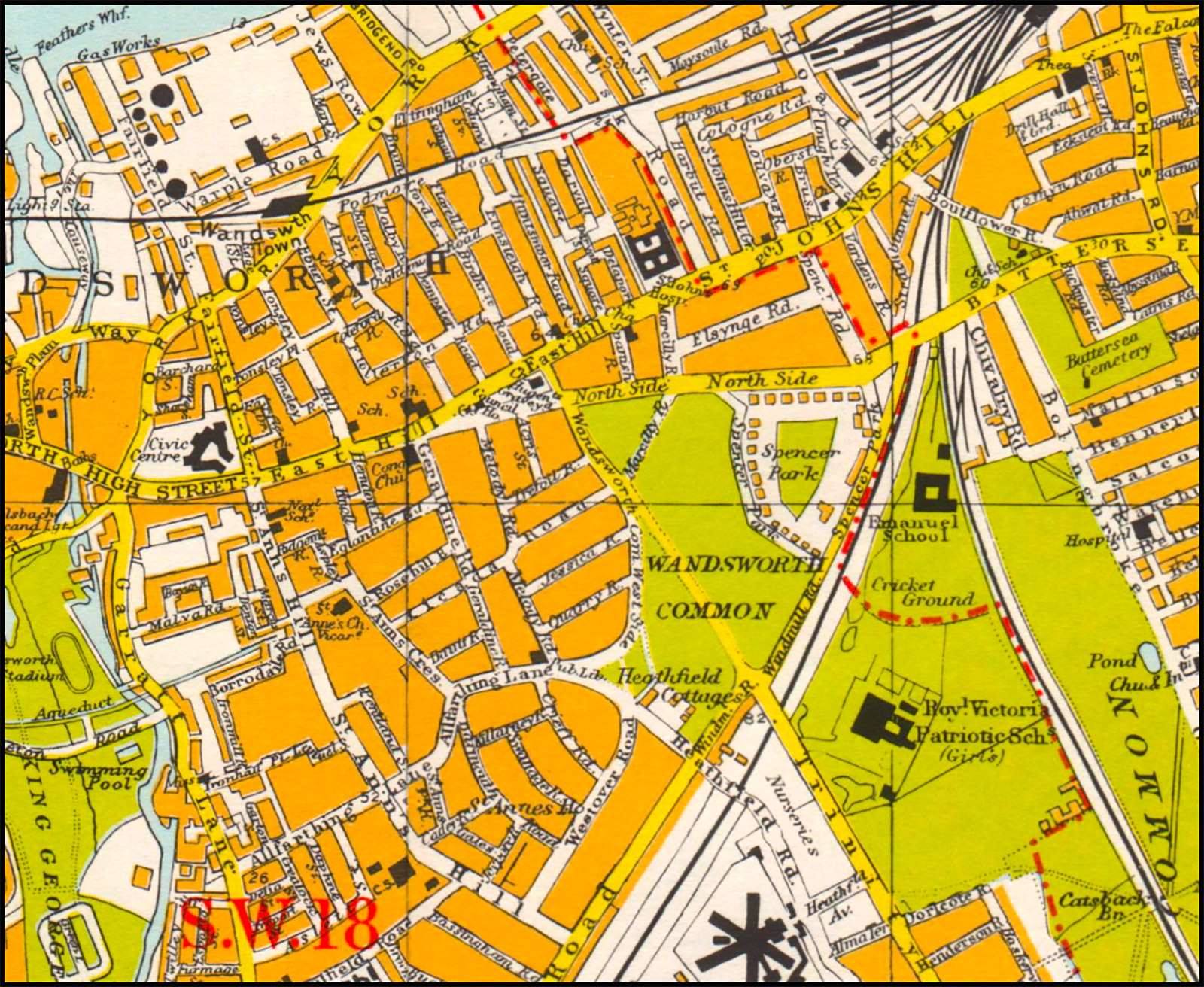 Detail from Bacon's map of London, 1968, showing the area north of Wandsworth Common including East Hill, Trinity Road and the streets later demolished
