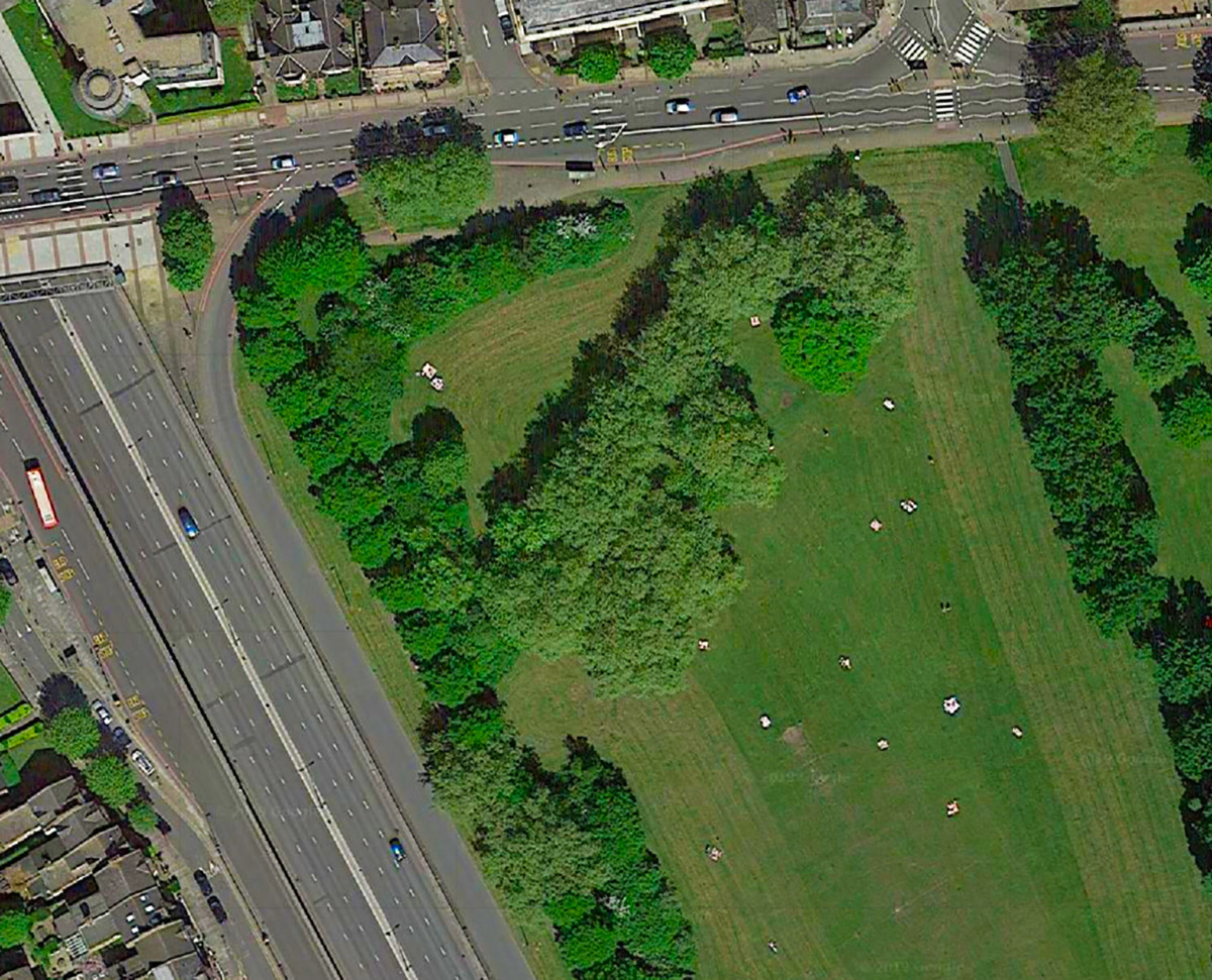 Aerial view showing the ghost of Marcilly Road, now grassed over and restored to Wandsworth Common