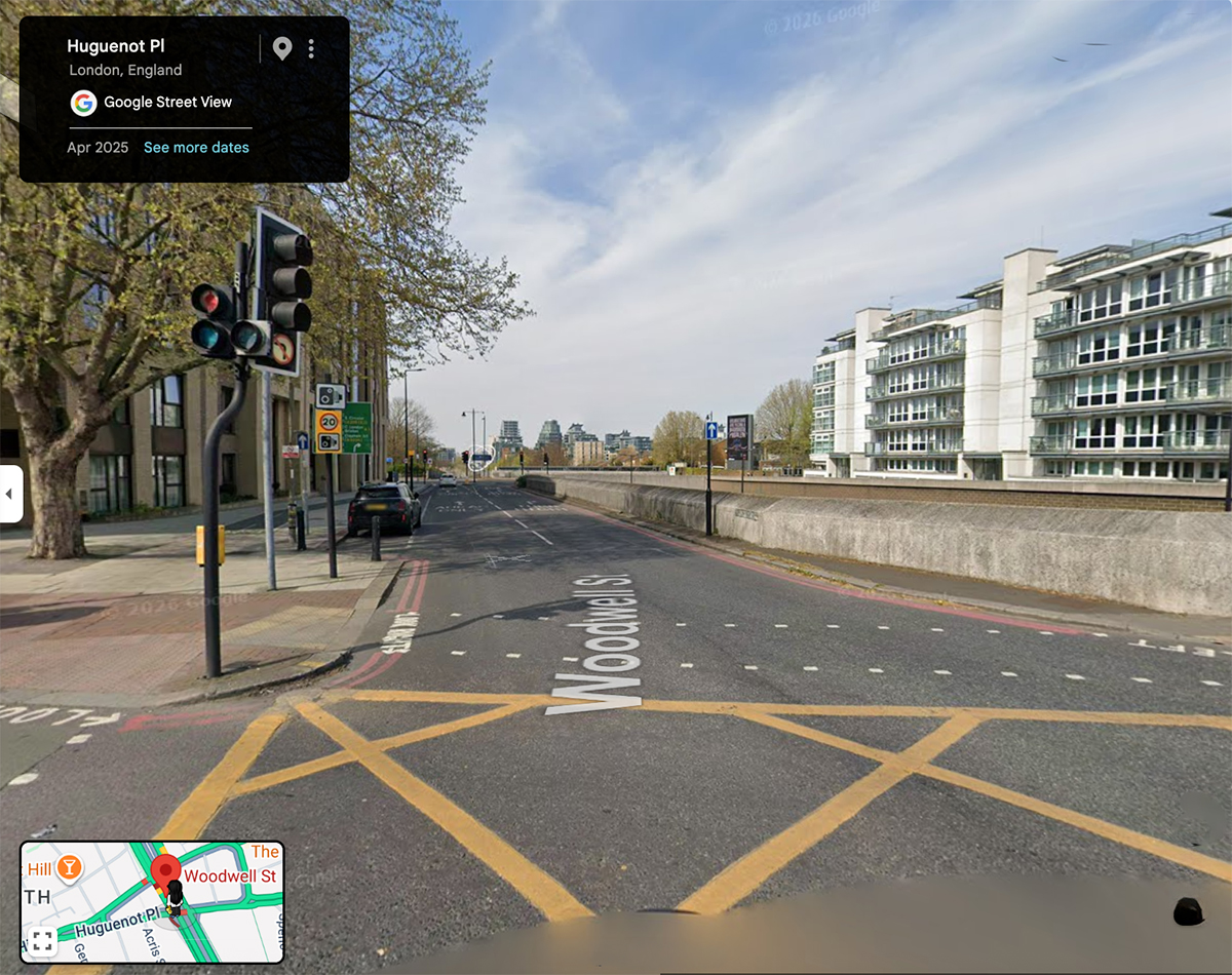 Woodwell Street today, looking north towards Wandsworth Bridge, April 2025