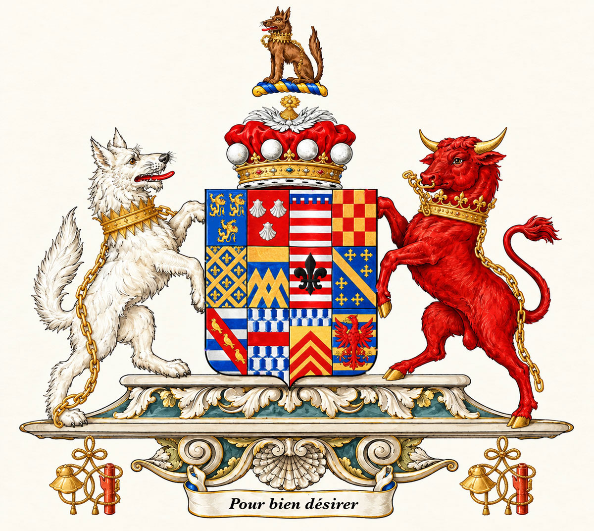 Emanuel School's coat of arms, based on the Dacre arms used by Anne Sackville, Lady Dacre, and Gregory Fiennes, Lord Dacre. 