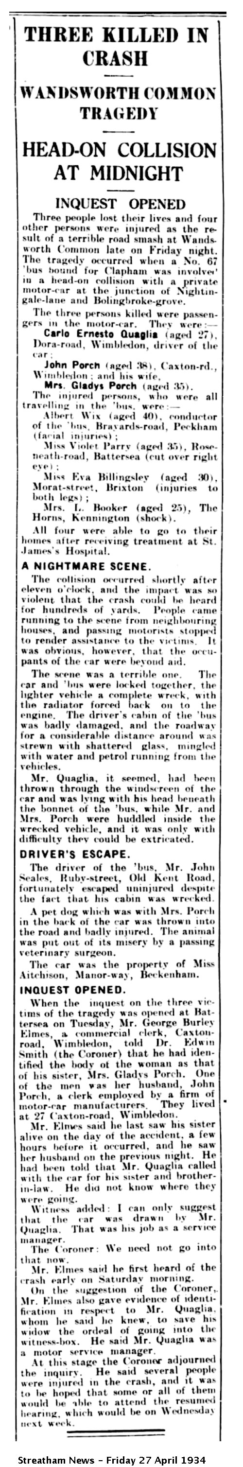 Streatham News cutting: Three Killed in Crash, 27 April 1934