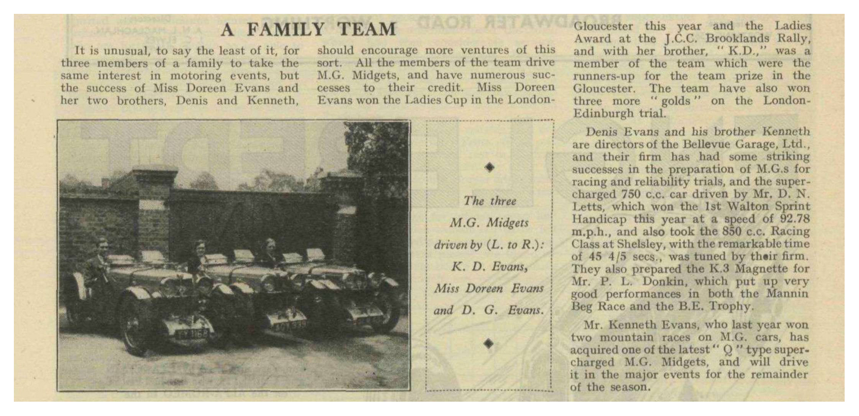 Motor Sport cutting: A Family Team, the Evans siblings and their MG Midgets, 1934