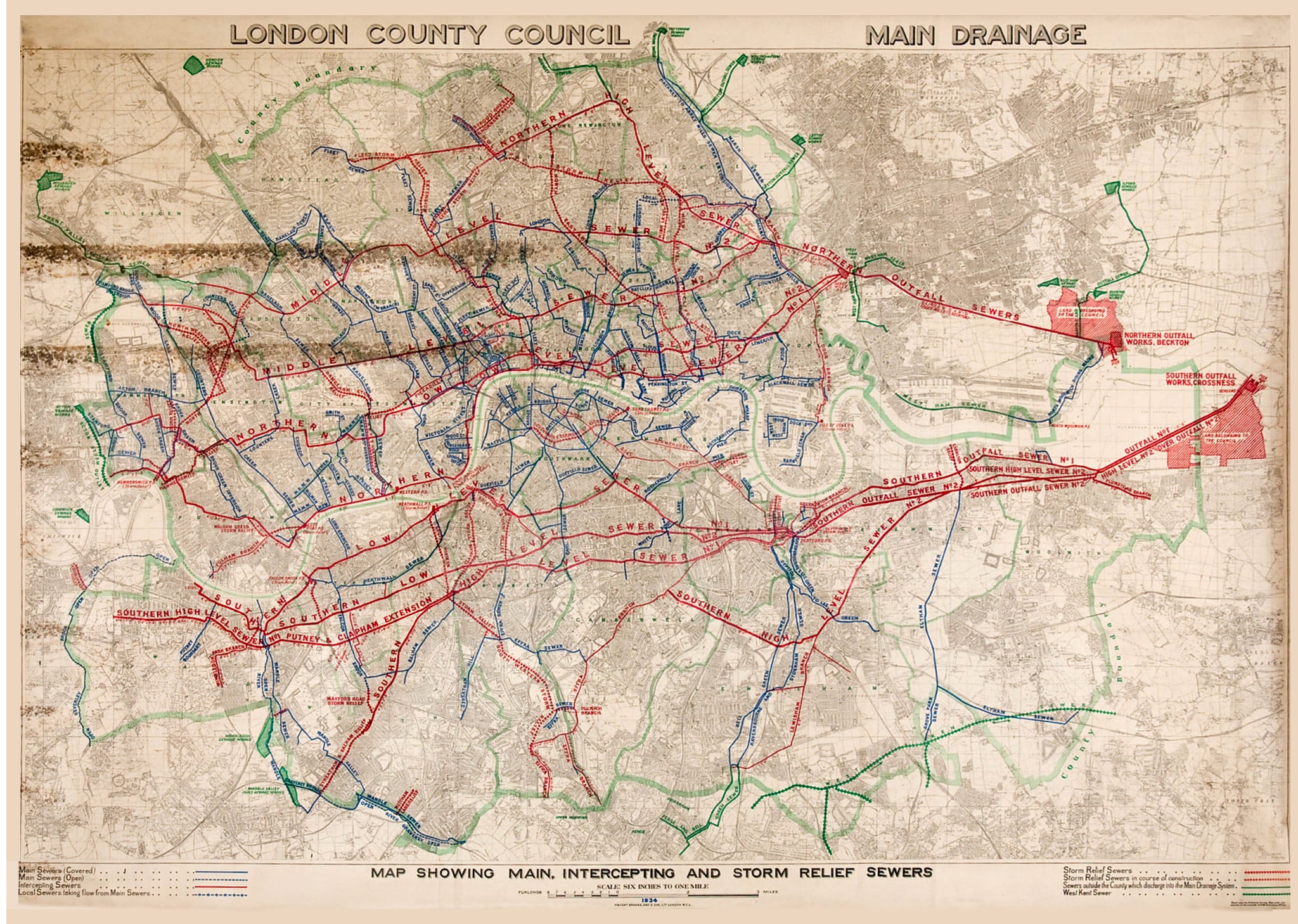 London County Council Main Drainage map, 1934