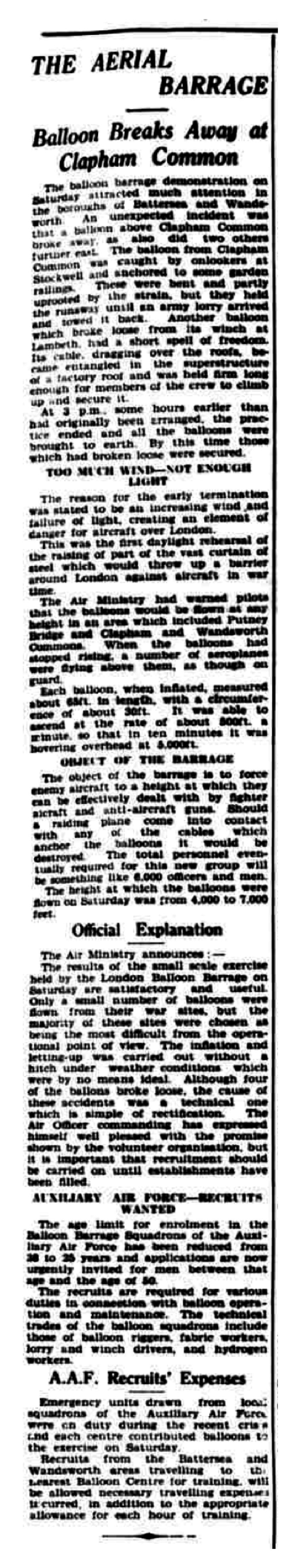 South Western Star cutting: The Aerial Barrage — Balloon Breaks Away, 14 October 1938