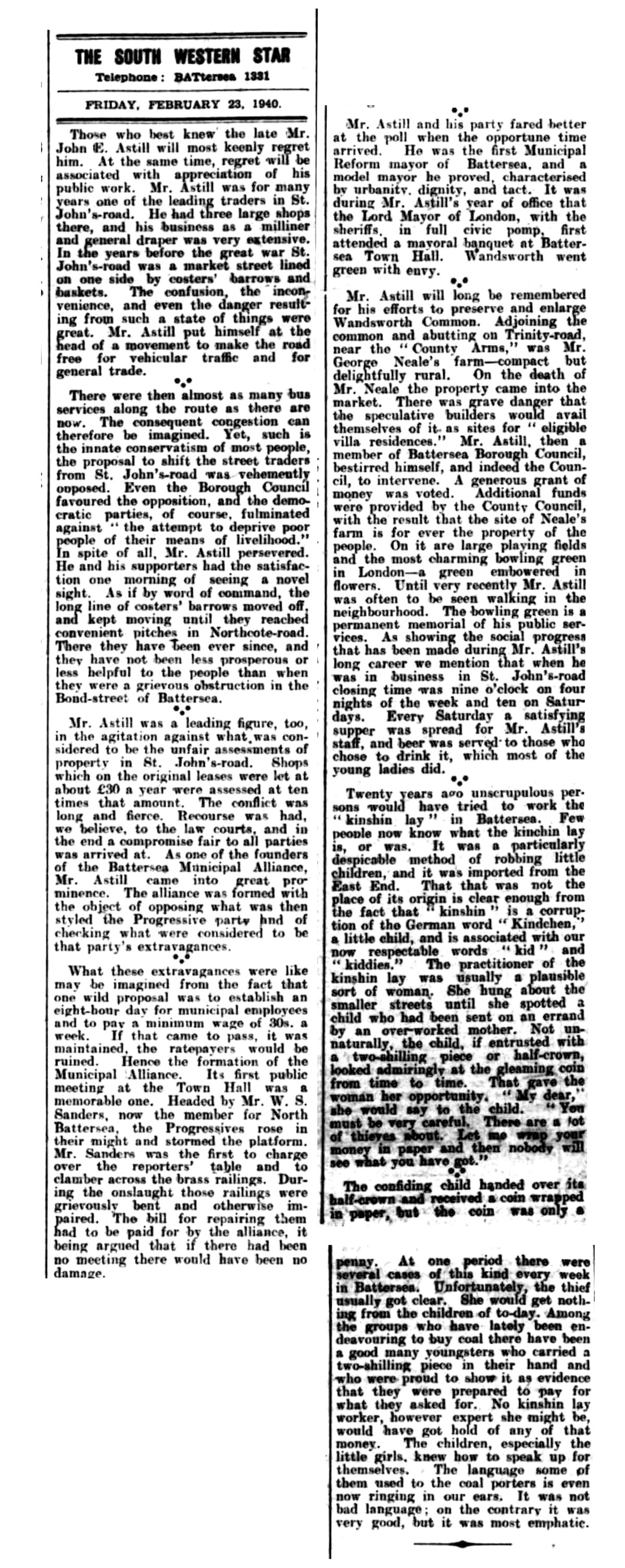 South Western Star obituary of John E. Astill, 23 February 1940