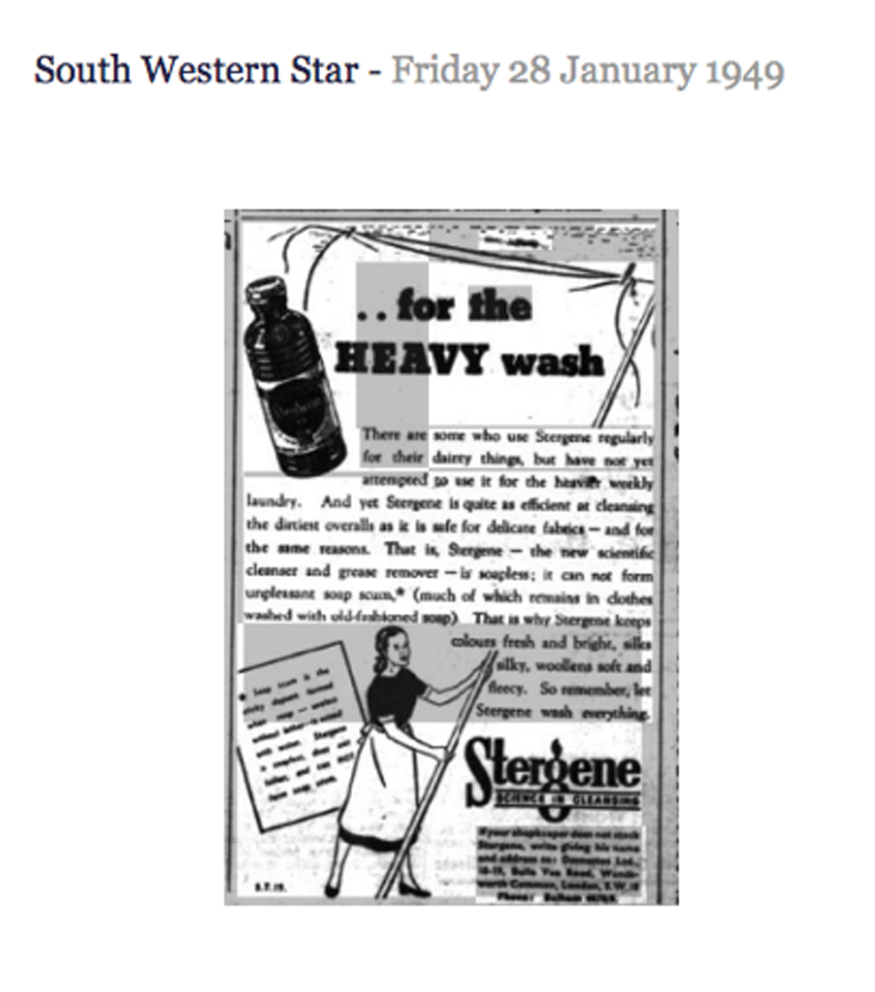 South Western Star, 28 January 1949: Stergene advertisement