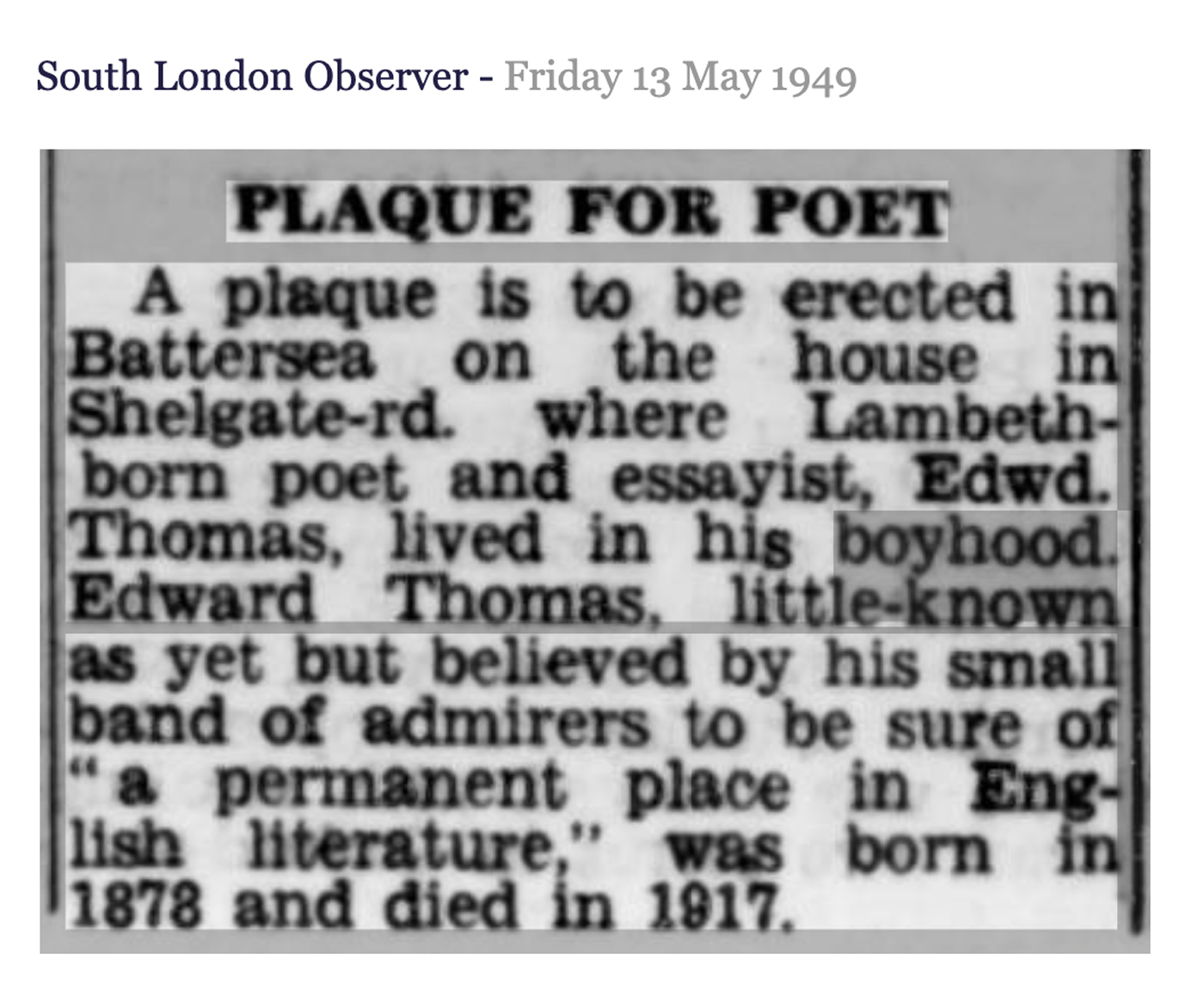 South London Observer, 13 May 1949: Plaque for Poet