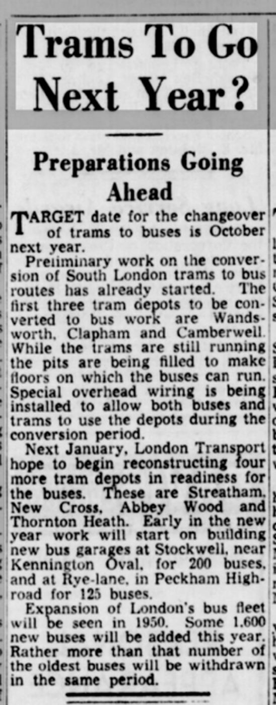Streatham News, 29 July 1949: Trams To Go Next Year?