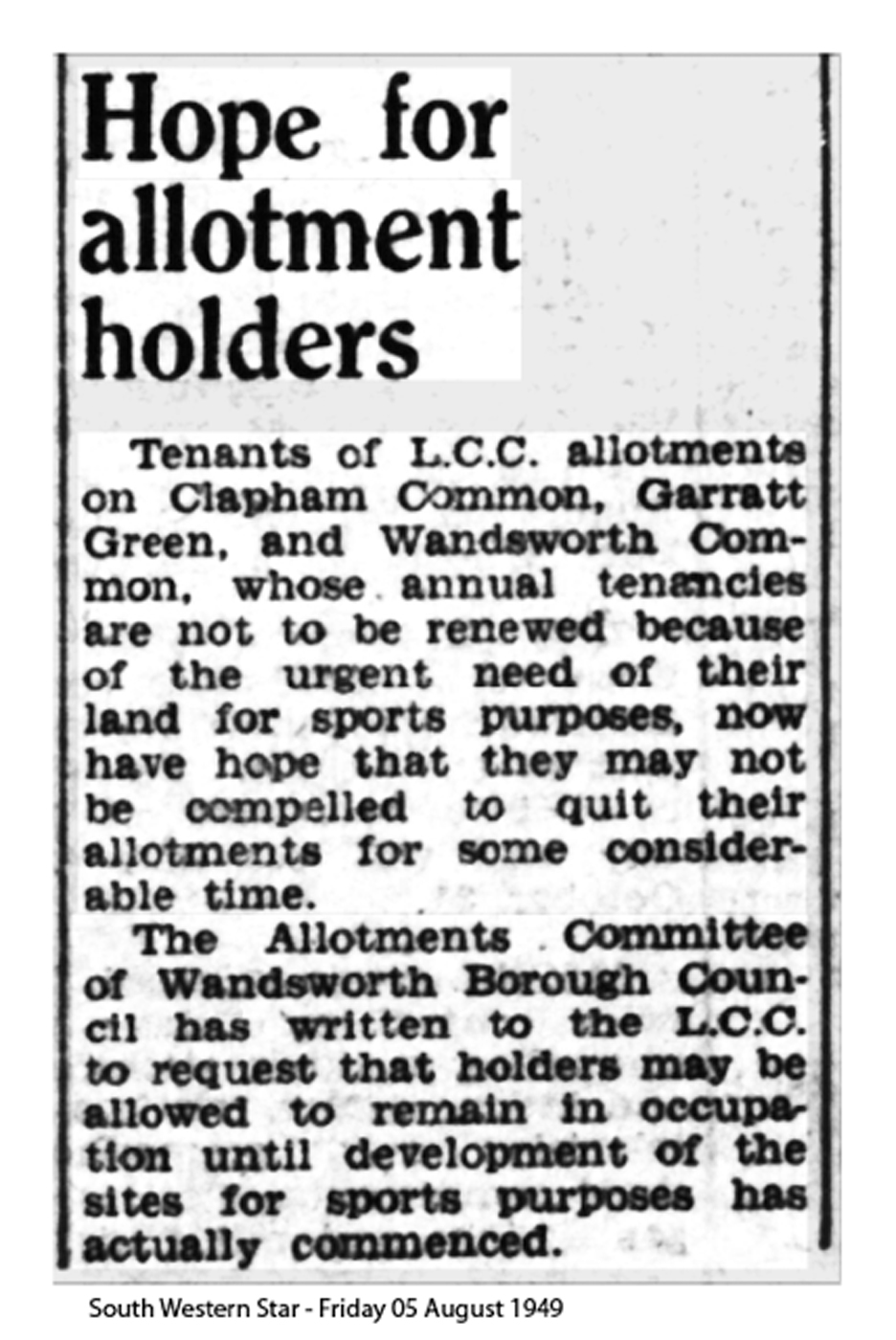 South Western Star, 5 August 1949: Hope for allotment holders