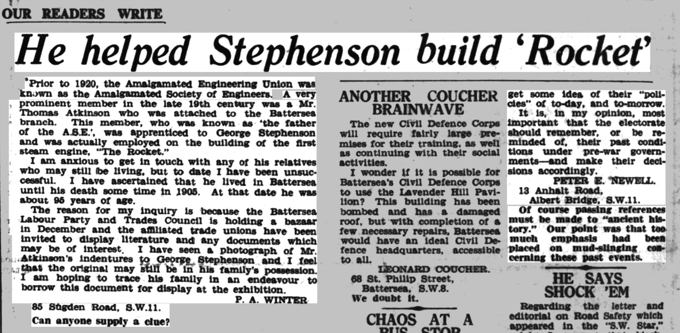 South Western Star, 14 October 1949: He helped Stephenson build the Rocket