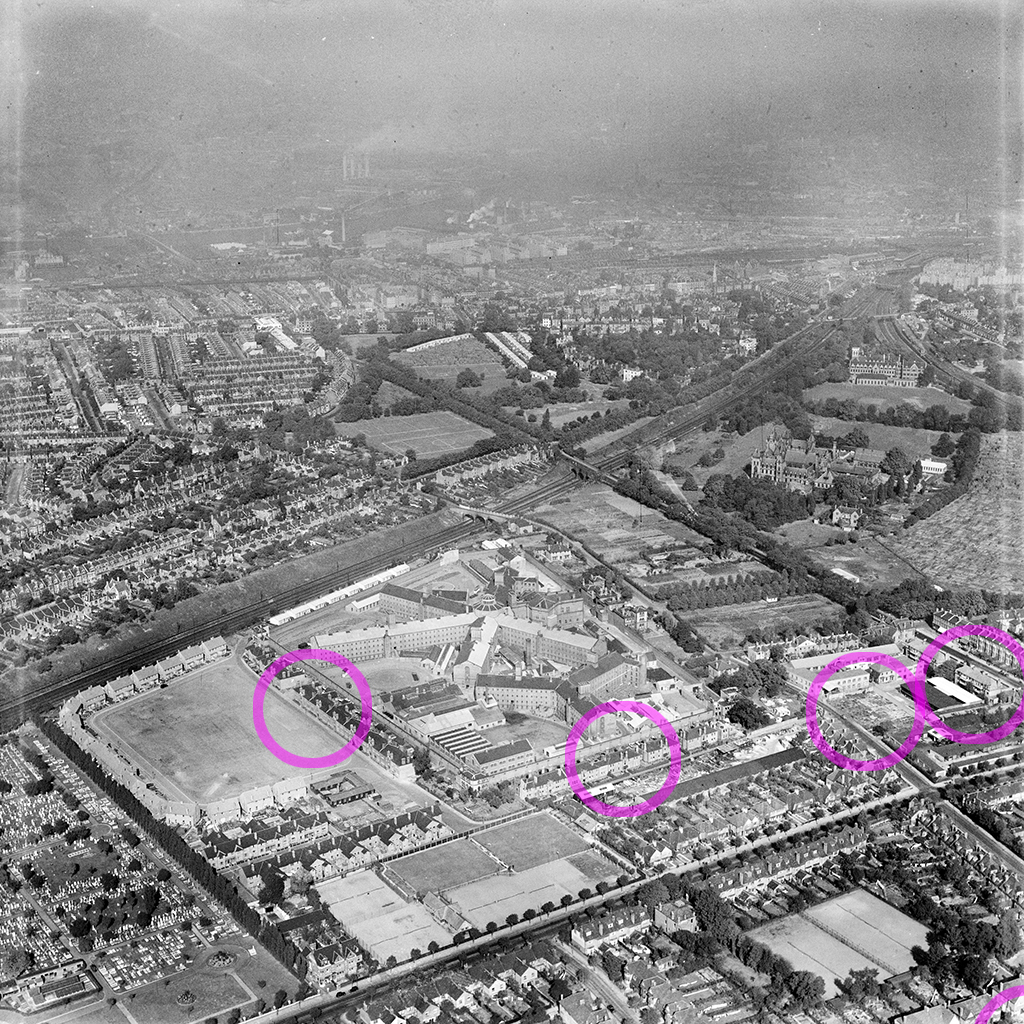 Aerial photograph of Wandsworth, c. 1949, with annotated circles marking locations