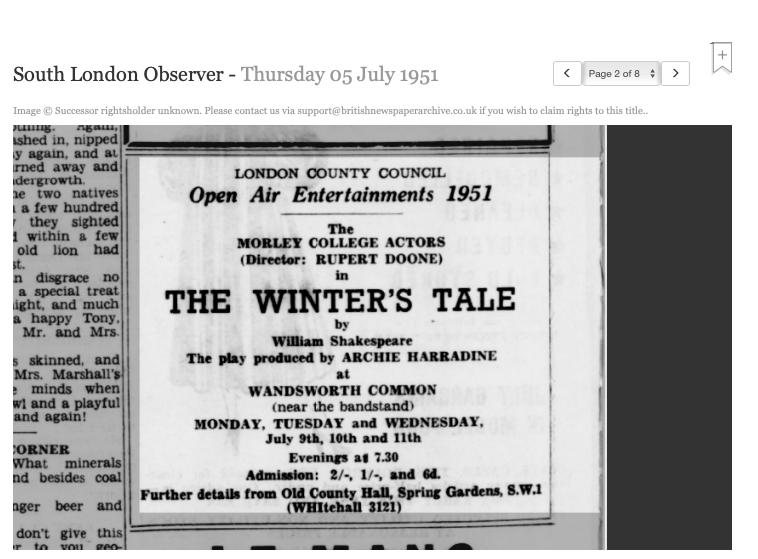 South London Observer notice, 5 July 1951: The Winter's Tale on Wandsworth Common