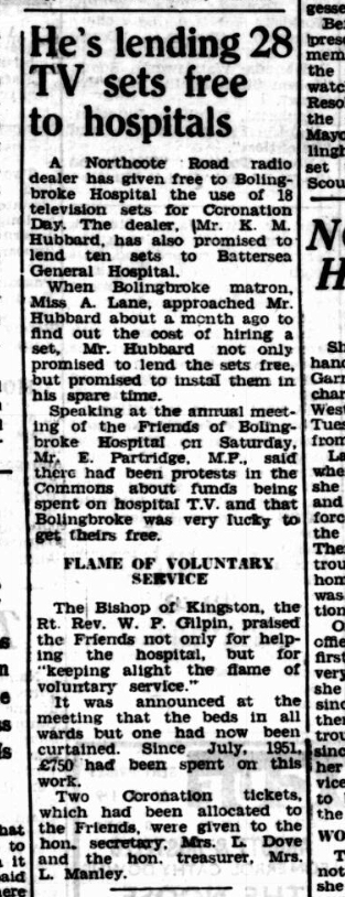 He's lending 28 TV sets free to hospitals, c. May 1953