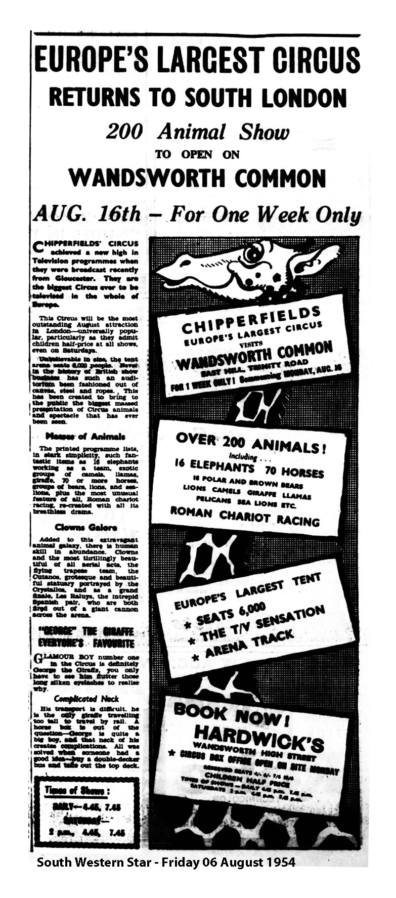 South Western Star, 6 August 1954: Chipperfields Circus advertisement