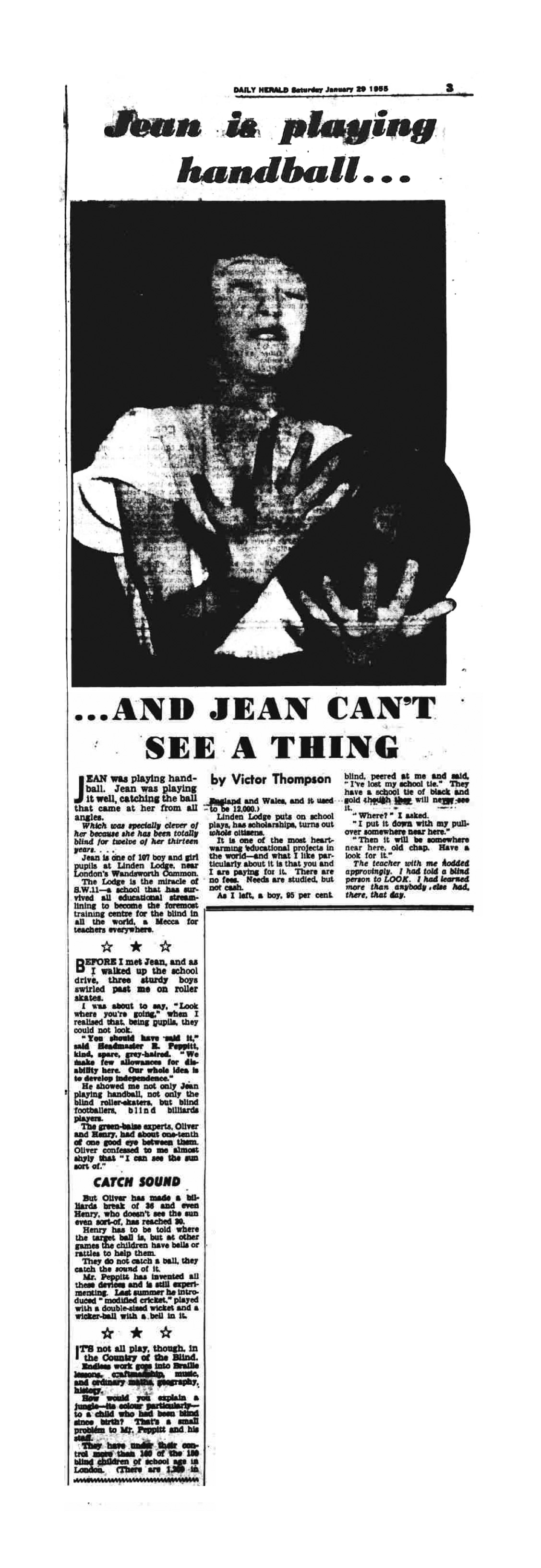 Daily Herald, 29 January 1955: Jean is playing handball — and Jean can't see a thing