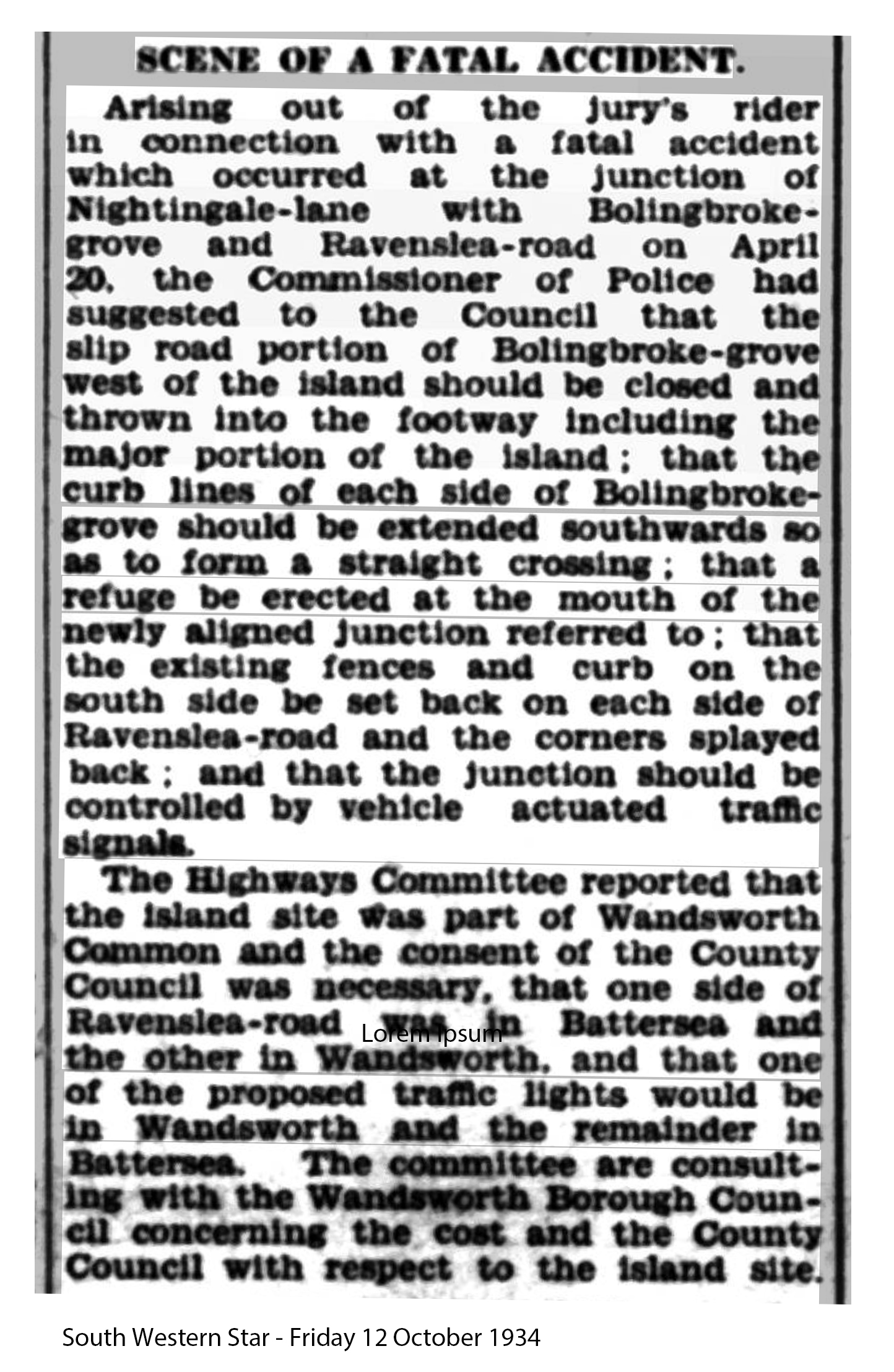 South Western Star cutting: Scene of a Fatal Accident, 12 October 1934